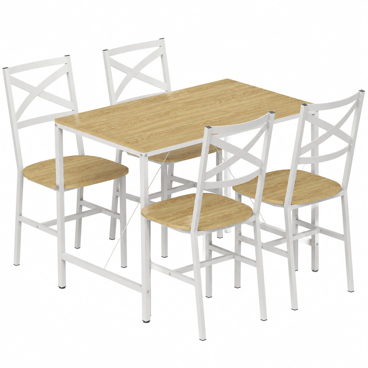 Table à manger, en acier, avec 4 chaises, coloris blanc et naturel, 4 places, 108 x 60 cm, pour la salle à manger